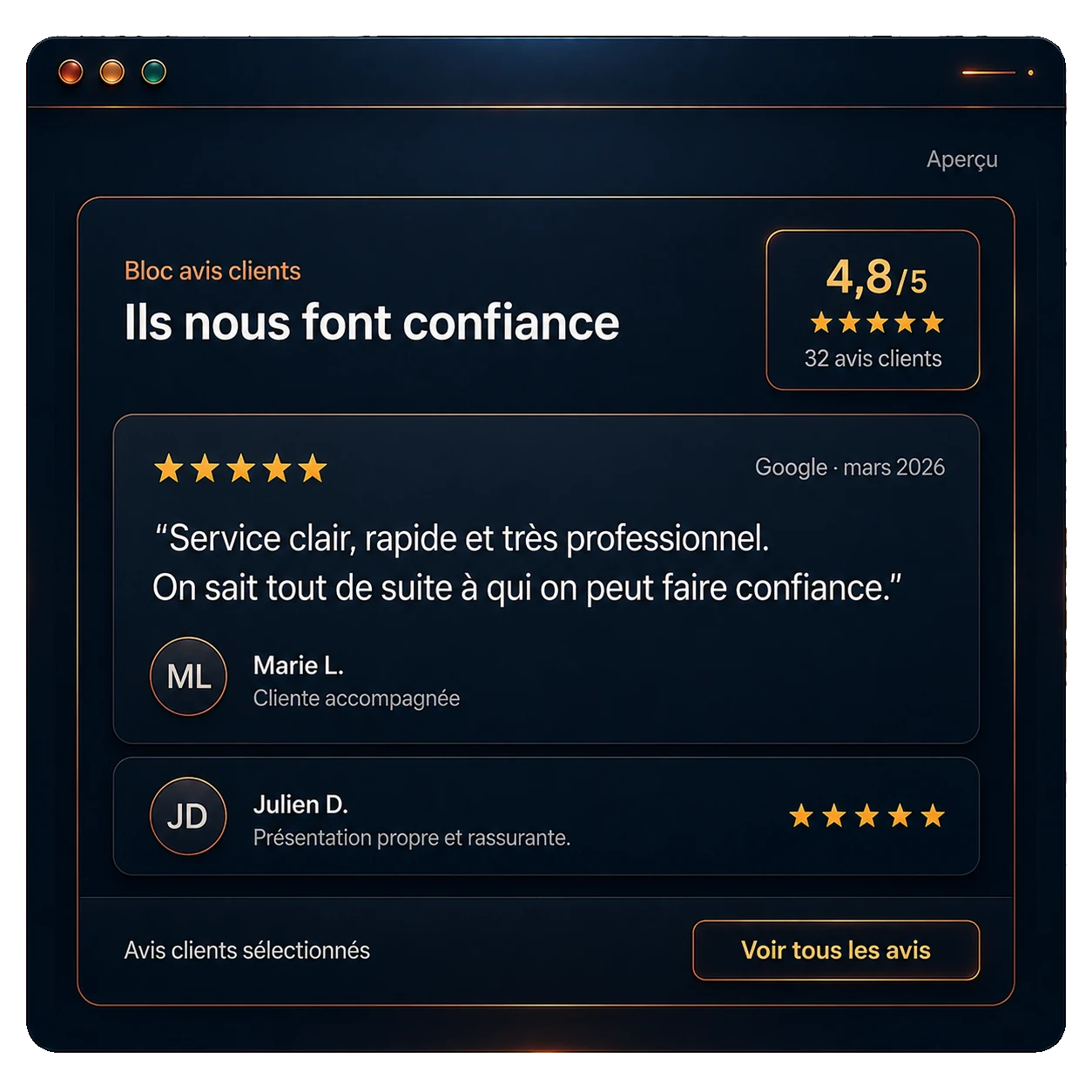 Aperçu de l’outil avis clients